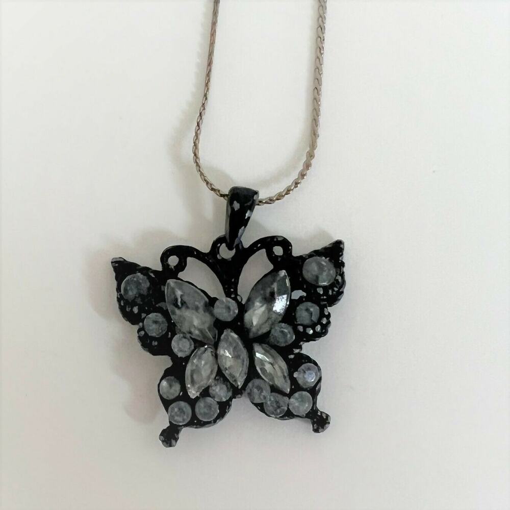 Black Beaded Butterfly Pendant Necklace with Silver Tone Chain
